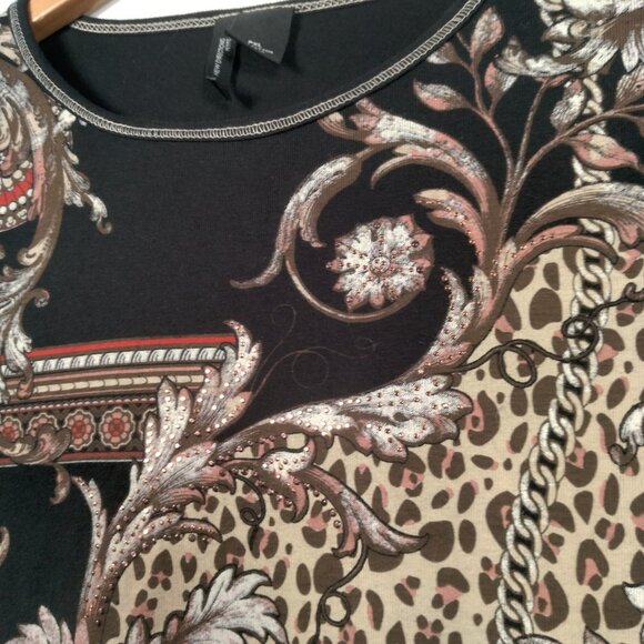 Vintage Y2K New Directions Petite Shirt PXL Black Cat Print Mandala Chain Bling - Picture 3 of 10